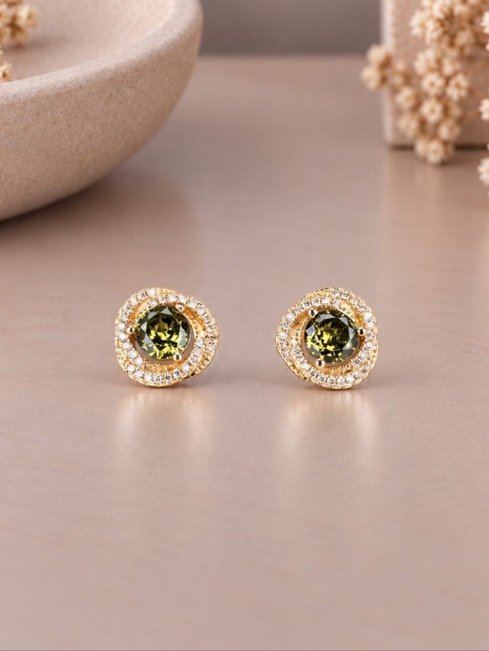 Gold Green Crystal Halo Stud Earrings